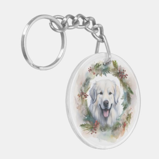 Grote Pyreneeën Kerstkrans Feestelijke Pup Sleutelhanger (Voorkant Links)