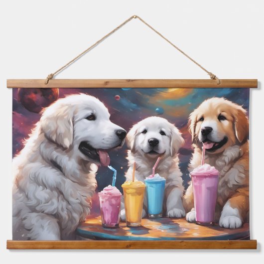 Grote Pyreneeën Moeder en Puppies met Milkshakes Hangend Wandkleed (Voorkant)