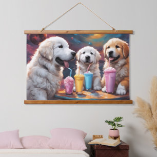 Grote Pyreneeën Moeder en Puppies met Milkshakes Hangend Wandkleed