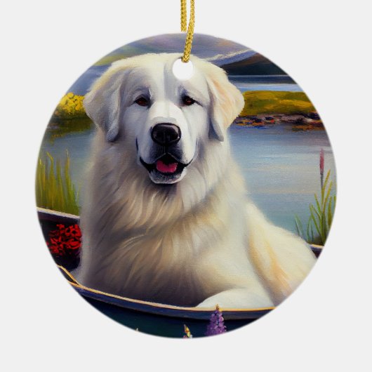 Grote Pyreneeën op een peddel: een Schilderachtig Keramisch Ornament (Voorkant)