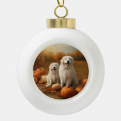 Grote Pyreneeën Puppy Herfst Delight Pompoen Keramische Bal Ornament (Voorkant)