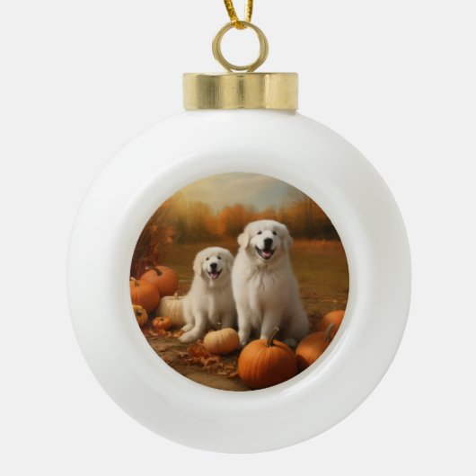 Grote Pyreneeën Puppy Herfst Delight Pompoen Keramische Bal Ornament (Voorkant)