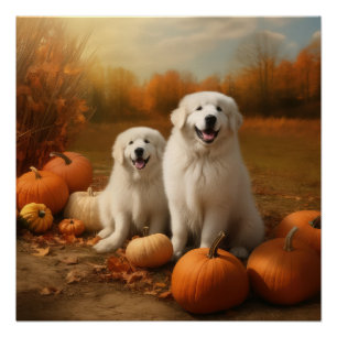 Grote Pyreneeën Puppy Herfst Delight Pompoen Perfect Poster