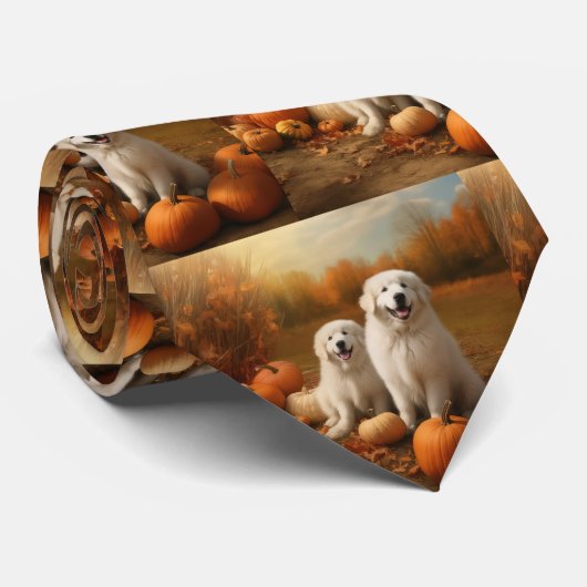 Grote Pyreneeën Puppy Herfst Delight Pompoen Stropdas (Opgerold)