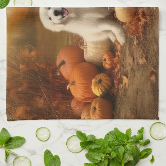 Grote Pyreneeën Puppy Herfst Delight Pompoen Theedoek (Gevouwen)