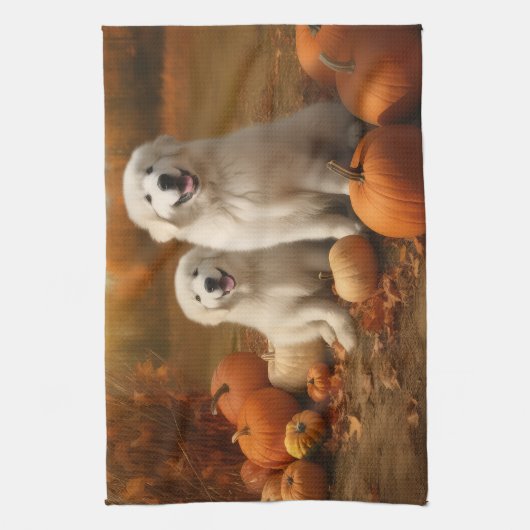 Grote Pyreneeën Puppy Herfst Delight Pompoen Theedoek (Verticaal)