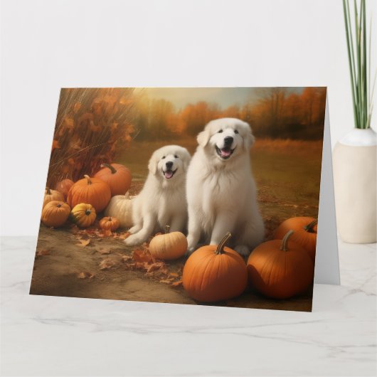 Grote Pyreneeën Puppy Herfst Plezier Pompoen Kaart (Voorkant)