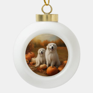 Grote Pyreneeën Puppy Herfst Plezier Pompoen Keramische Bal Ornament