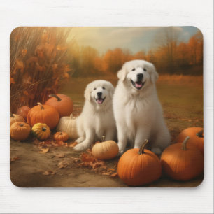 Grote Pyreneeën Puppy Herfst Plezier Pompoen Muismat