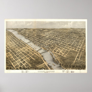 Grote Rapids Michigan 1868 Antiek Panoramische Kaa Poster