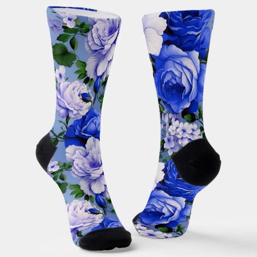 Grote Retro Blauwe Rozen Bloem Sokken (Gebogen)