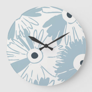 Grote Retro Margriet Flower Power Stof Blauw Klok
