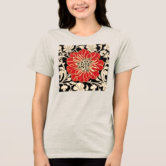 Grote rode Art Nouveau Bloem Tri-Blend Shirt (Voorkant)
