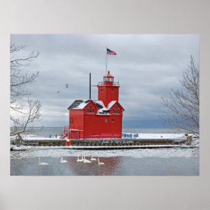 Grote rode Michigan vuurtoren met zwanen Poster
