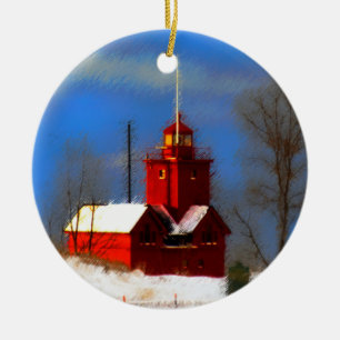 Grote Rode vuurtoren schilderen - Oorspronkelijke Keramisch Ornament