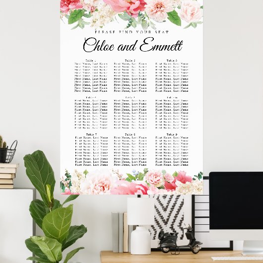 Grote roze 9-tafel bruiloft-zeepbel poster (Thuiskantoor)