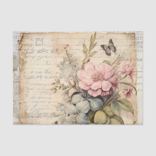 Grote roze bloemen en knoppen vlinderscript tissuepapier (Voorkant)