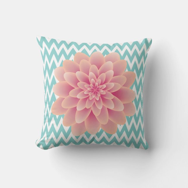 Grote Roze Chrysant en Turquoise Chevron Kussen (Voorkant)