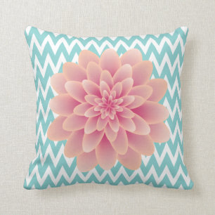 Grote Roze Chrysant en Turquoise Chevron Kussen