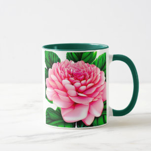 Grote Roze Pioen met Smaragdgroene Bladeren Mok