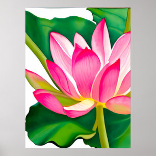 Grote roze waterLily met Emerald Green Leaves Poster