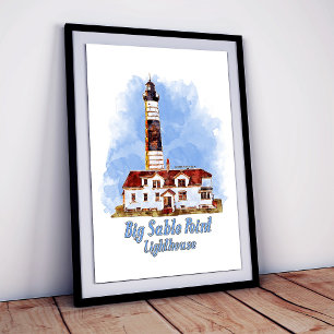 Grote Sable Point Vuurtoren Aquarel - Michigan Poster