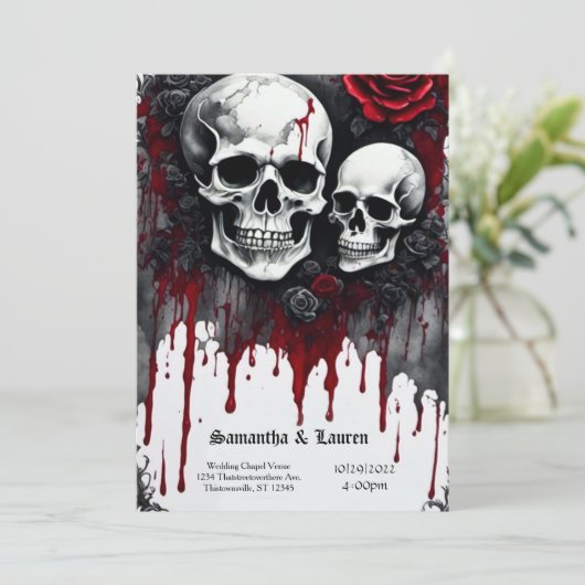 Grote schedels en Rozen Gothic Bruiloft Kaart (Staand voorkant)