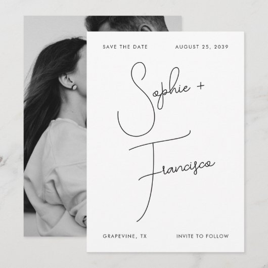 Grote script bruid & bruidegom namen minimalistisc save the date (Voorkant / Achterkant)