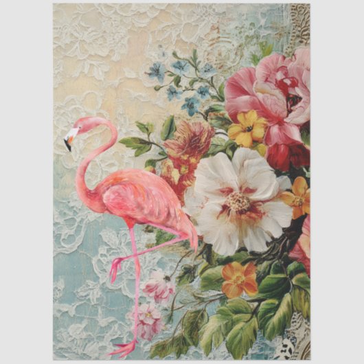 Grote Shabby Chic Roze Flamingo Bloemen Decoupage Tissuepapier (Voorkant)