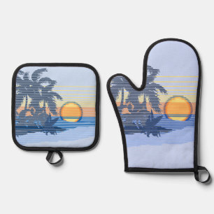 Grote Sunset Hawaïaanse Streep Surfers - Blauw & O Ovenwant & Pannenlap Set