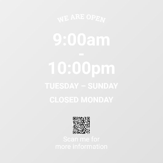 Grote Tijd Moderne Witte Winkel Uren met QR Code Raamsticker (Vel)