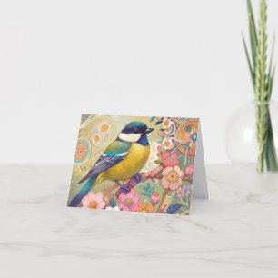 Grote Tit Chickadee Bird Kleurrijke Bloemen Bloeme Kaart