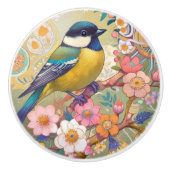 Grote Tit Chickadee Bird Kleurrijke Bloemen Bloeme Keramische Knop (Voorkant)