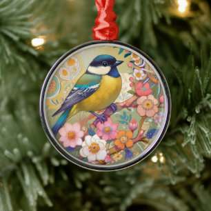 Grote Tit Chickadee Bird Kleurrijke Bloemen Bloeme Metalen Ornament