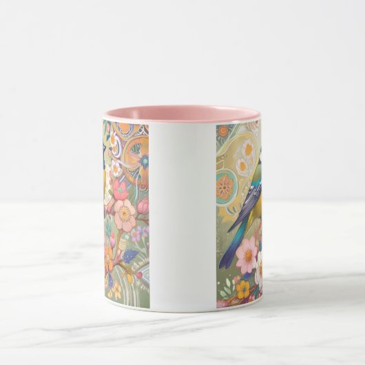 Grote Tit Chickadee Bird Kleurrijke Bloemen Bloeme Mok (Midden)