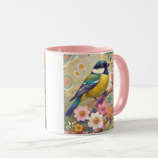 Grote Tit Chickadee Bird Kleurrijke Bloemen Bloeme Mok (Voorkant rechts)