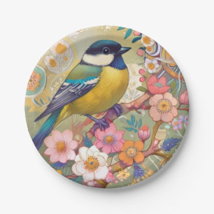 Grote Tit Chickadee Bird Kleurrijke Bloemen Bloeme Papieren Bordje