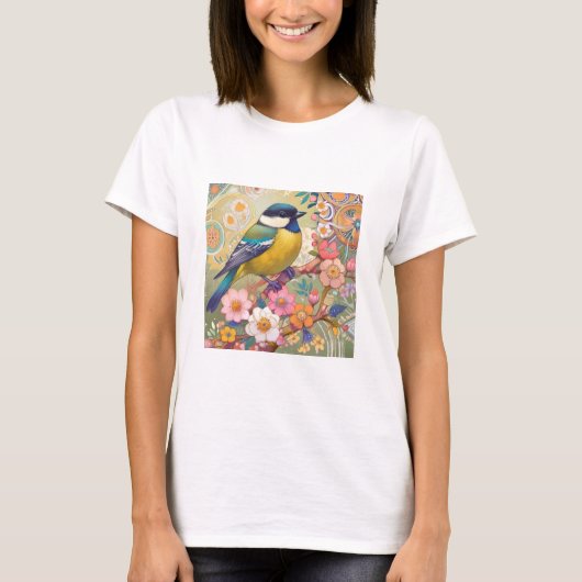 Grote Tit Chickadee Bird Kleurrijke Bloemen Bloeme T-shirt (Voorkant)
