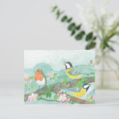 Grote Tit Vogels Zingen op een Bloeiende Boom Briefkaart (Staand voorkant)