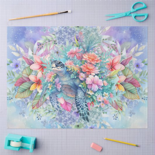 Grote Tropische Zee Schildpad & Waterverf Bloemen Tissuepapier (Craft)