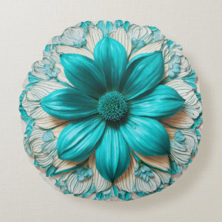 Grote Turquoise Bloem in Hyperrealistische Clipart Rond Kussen