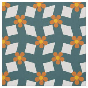 Grote Turquoise Sinaasappel Bloemen Grid Katoen Tw Stof