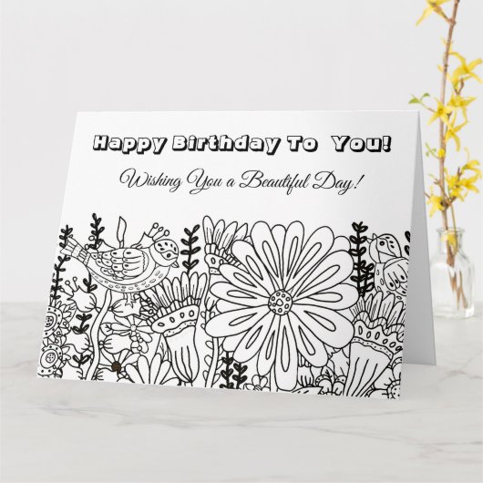 Grote Verjaardagskaart voor kleurboek Whimsical Vo Kaart (Gele Bloem)