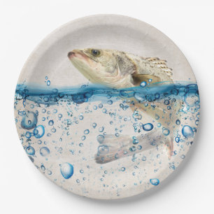 Grote vis die uit het blauwe water springt papieren bordje