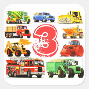 Grote vrachtwagens jongens 3e verjaardag vierkante sticker