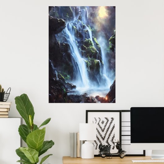 Grote waterval in het bos | AI Art. Poster (Thuiskantoor)