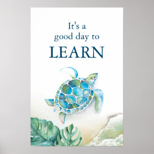 Grote Waterverf Zeeen schildpad en zwarte bladeren Poster
