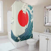 GROTE WAVE EN RODE ZON Blauw Wit Nautisch Douchegordijn (In situ)