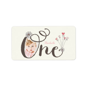 Grote Whimsical Eén Baby Meisje 1e Verjaardag Foto Etiket