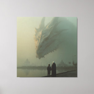 Grote Witte Draak boven nevelige stadskade Canvas Afdruk